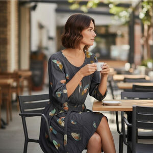 Boden Abstract Print Midi Dress Grey Tie Waist 3/4 Sleeve Fit & Flare 4L